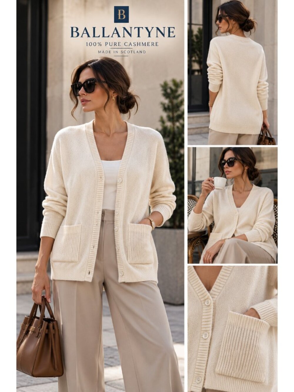 Vintage Ballantyne Scotland 100% Pure Cashmere Cream Long Cardigan Sweater M